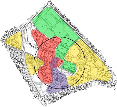Building Use Zones with a 10-minute walk circle centered on the Library
